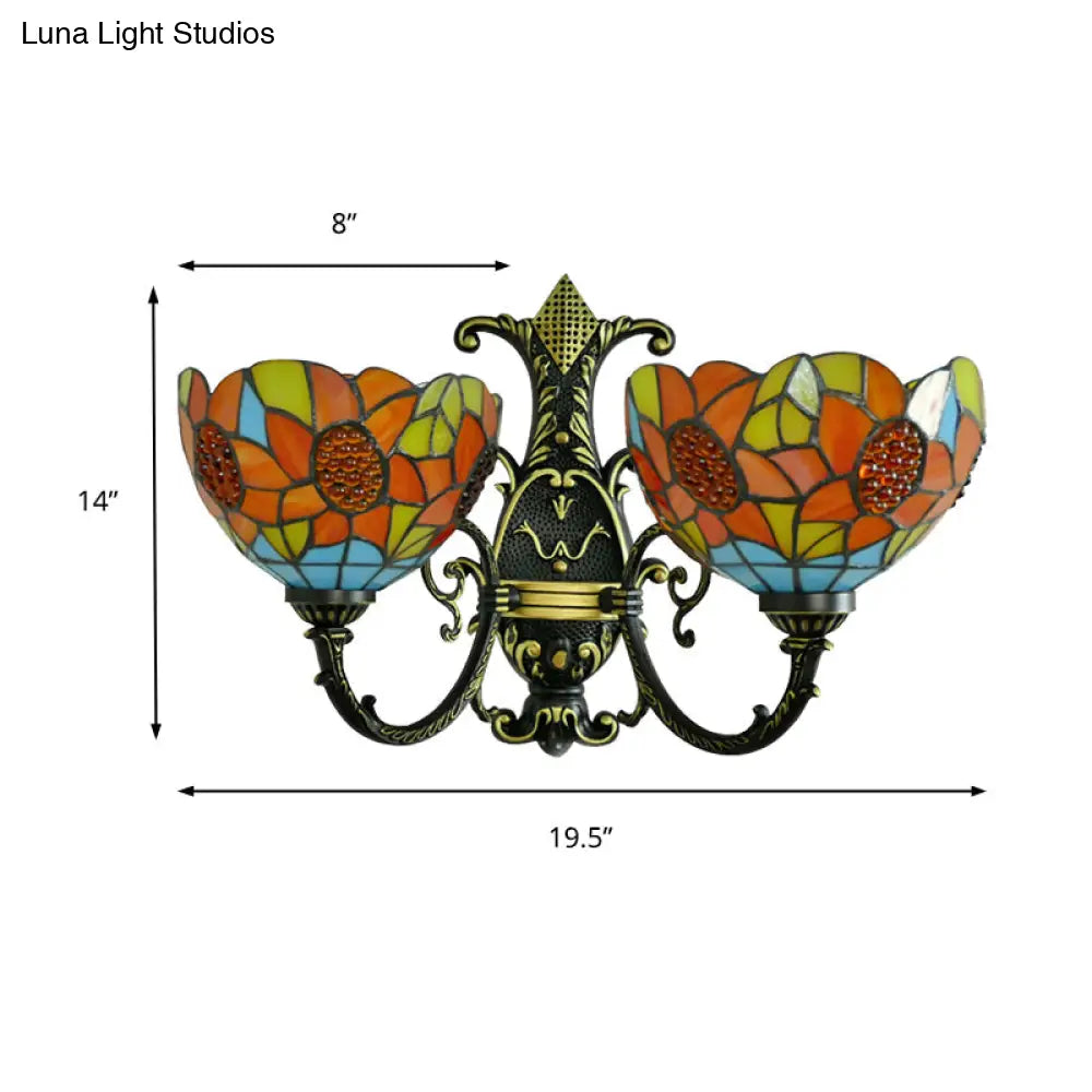 Blue/White Stained Glass Sunflower Wall Sconce with 2 Lights for Bedroom Decor