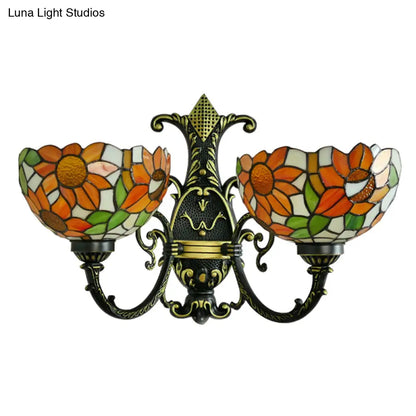 Blue/White Stained Glass Sunflower Wall Sconce with 2 Lights for Bedroom Decor