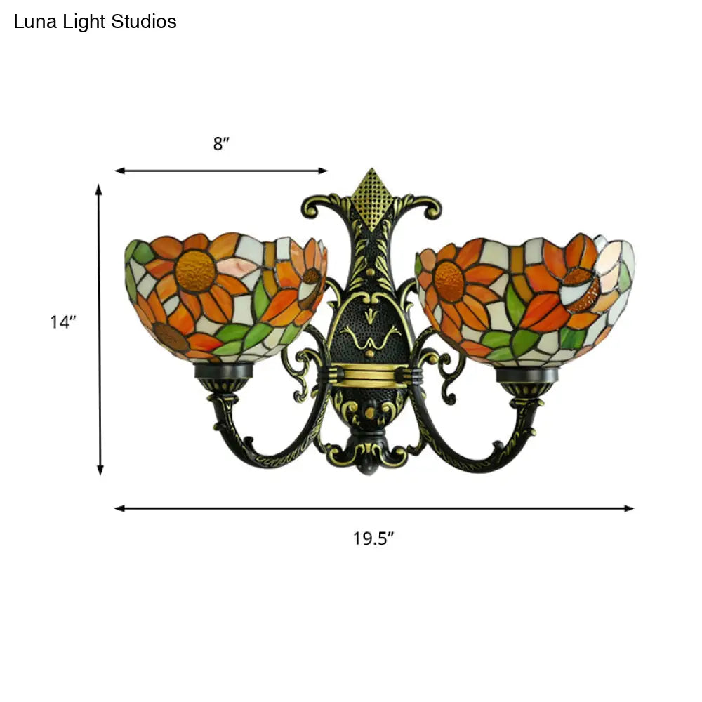 Blue/White Stained Glass Sunflower Wall Sconce with 2 Lights for Bedroom Decor