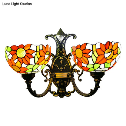 Blue/White Stained Glass Sunflower Wall Sconce with 2 Lights for Bedroom Decor