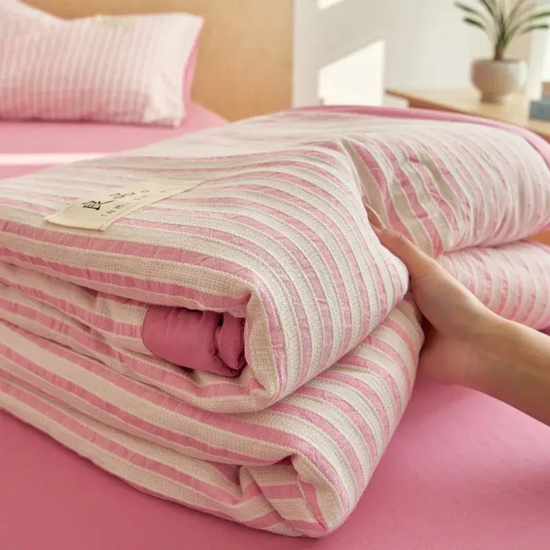 Pink and white striped cotton quilt with soft textured weave for decorbites jacquard summer quilt soya fibre comforter