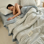 Soft light blue and white striped soya fibre decorbites jacquard summer quilt with cozy textured fabric for bedroom comfort