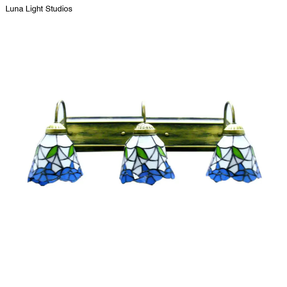 Aplique de pared Tiffany azul y blanco - Lámpara de pared de bronce con 3 cabezales