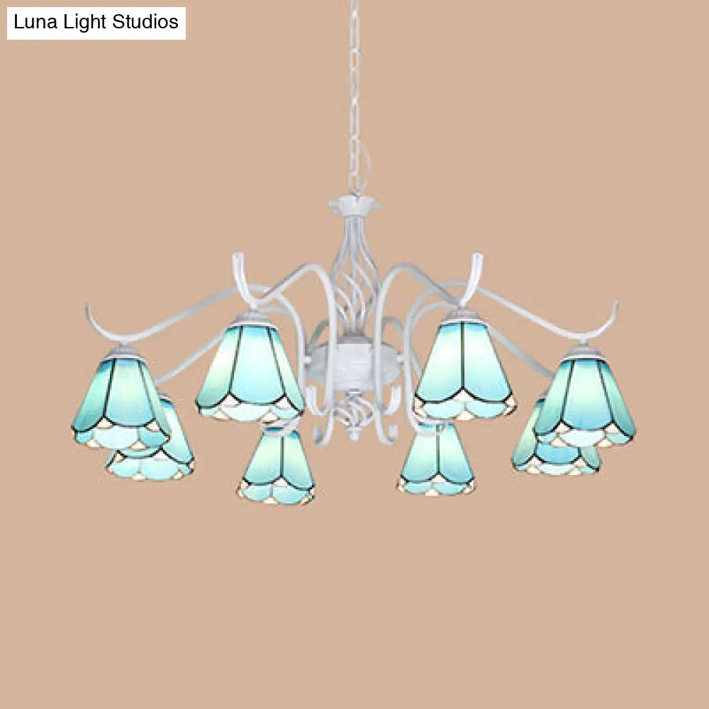 Blue/White Tiffany Indoor Pendant Light: Multi Light Cone Chandelier with Metal Chain - Ideal for Living Room