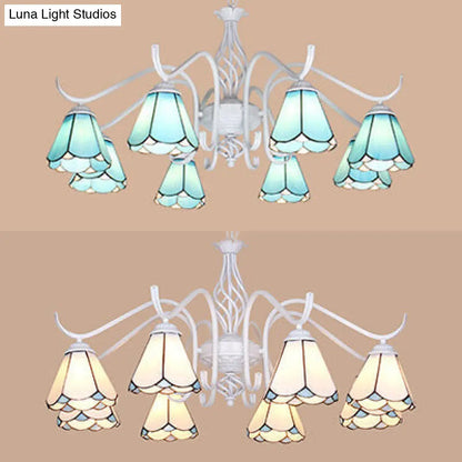 Blue/White Tiffany Indoor Pendant Light: Multi Light Cone Chandelier with Metal Chain - Ideal for Living Room