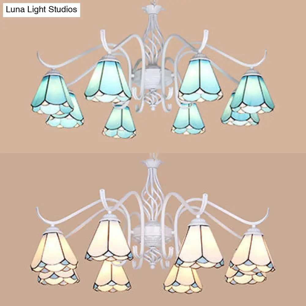 Blue/White Tiffany Indoor Pendant Light: Multi Light Cone Chandelier with Metal Chain - Ideal for Living Room