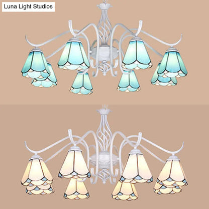 Blue/White Tiffany Indoor Pendant Light: Multi Light Cone Chandelier with Metal Chain - Ideal for Living Room