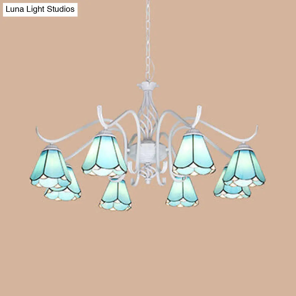 Blue/White Tiffany Indoor Pendant Light: Multi Light Cone Chandelier with Metal Chain - Ideal for Living Room