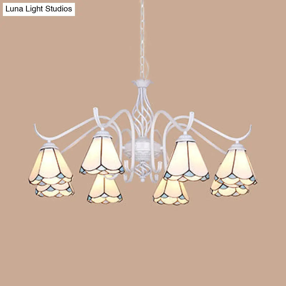 Blue/White Tiffany Indoor Pendant Light: Multi Light Cone Chandelier with Metal Chain - Ideal for Living Room