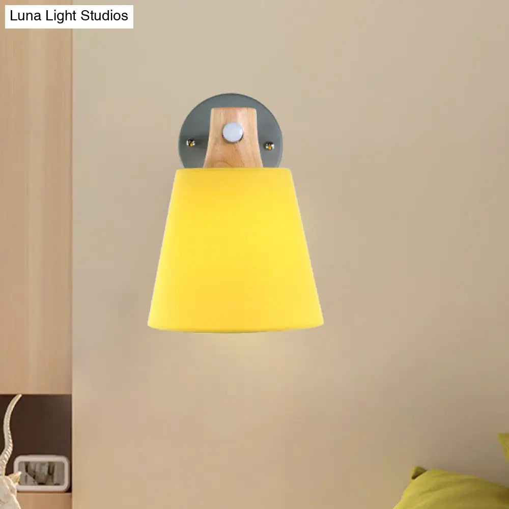 DecorBites™ Blue/White/Yellow Macaron Fabric Conical Wall Light Fixture: Unique Sconce Design with Straight Arm and Wooden Lock