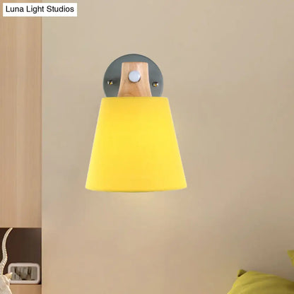 DecorBites™ Blue/White/Yellow Macaron Fabric Conical Wall Light Fixture: Unique Sconce Design with Straight Arm and Wooden Lock