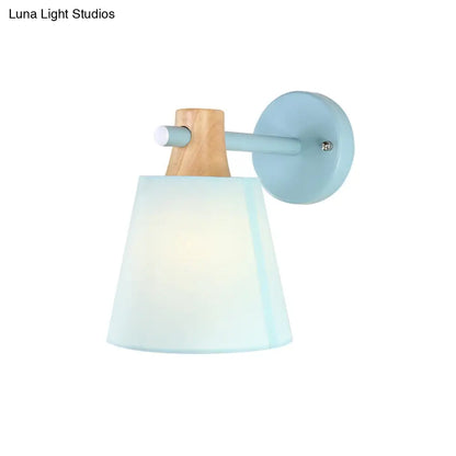 DecorBites™ Blue/White/Yellow Macaron Fabric Conical Wall Light Fixture: Unique Sconce Design with Straight Arm and Wooden Lock