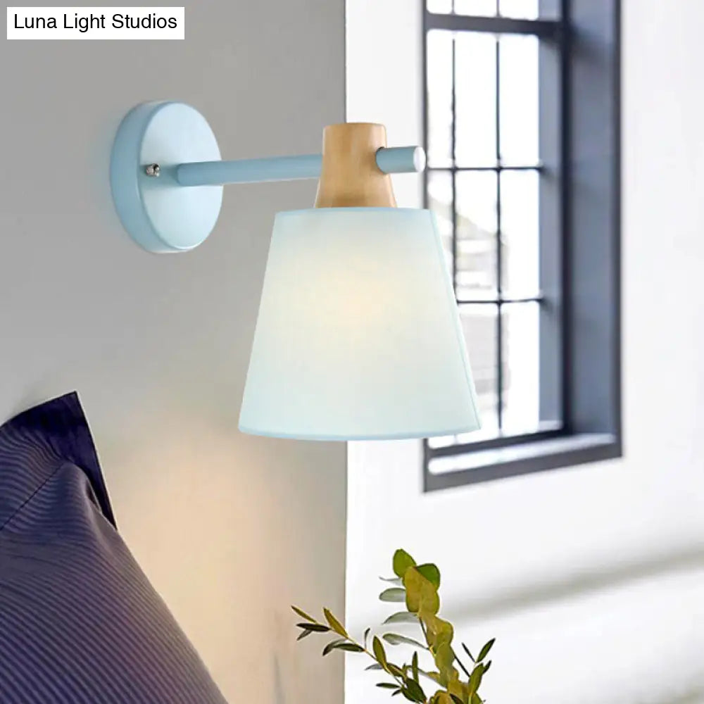 DecorBites™ Blue/White/Yellow Macaron Fabric Conical Wall Light Fixture: Unique Sconce Design with Straight Arm and Wooden Lock