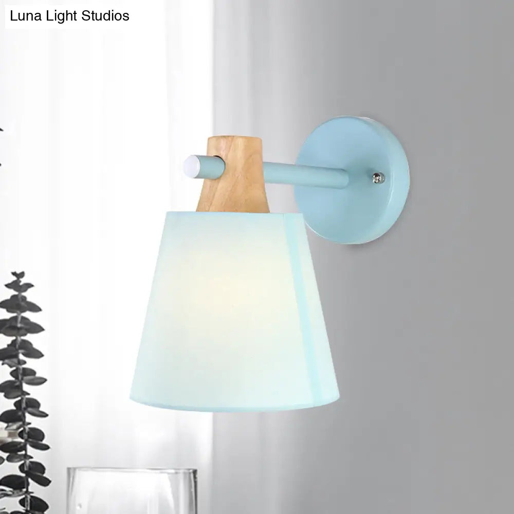 DecorBites™ Blue/White/Yellow Macaron Fabric Conical Wall Light Fixture: Unique Sconce Design with Straight Arm and Wooden Lock