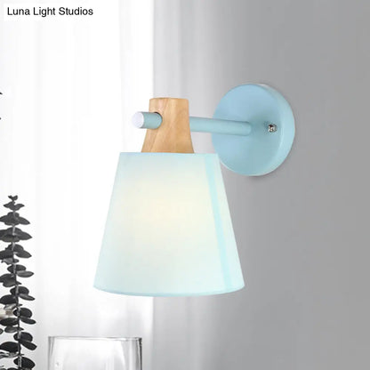 DecorBites™ Blue/White/Yellow Macaron Fabric Conical Wall Light Fixture: Unique Sconce Design with Straight Arm and Wooden Lock