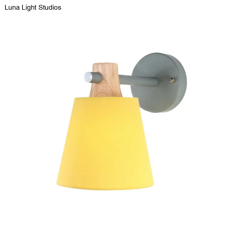 DecorBites™ Blue/White/Yellow Macaron Fabric Conical Wall Light Fixture: Unique Sconce Design with Straight Arm and Wooden Lock