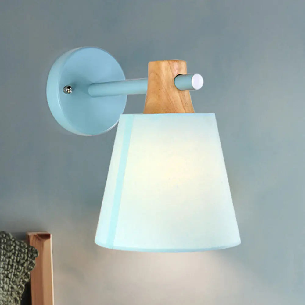 DecorBites™ Blue/White/Yellow Macaron Fabric Conical Wall Light Fixture: Unique Sconce Design with Straight Arm and Wooden Lock