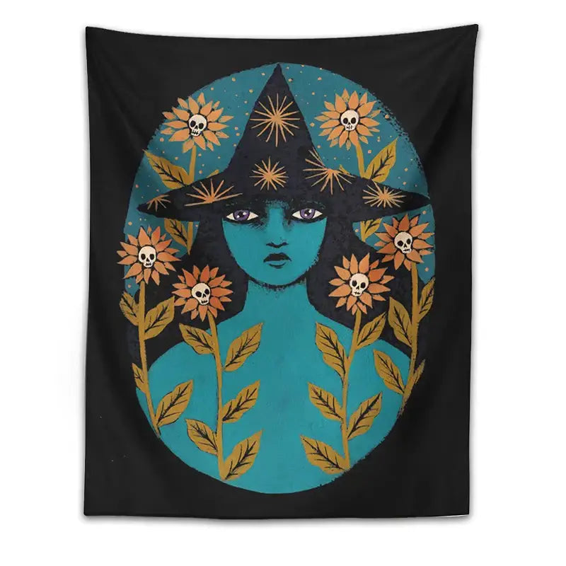 Black wall tapestry featuring a stylized witch with purple eyes and sunflowers on teal background for blue witches botanical decorbites