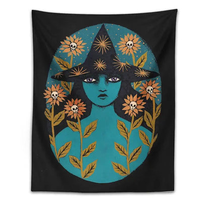 Black wall tapestry featuring a stylized witch with purple eyes surrounded by orange sunflower skulls for decorbites blue witches decor