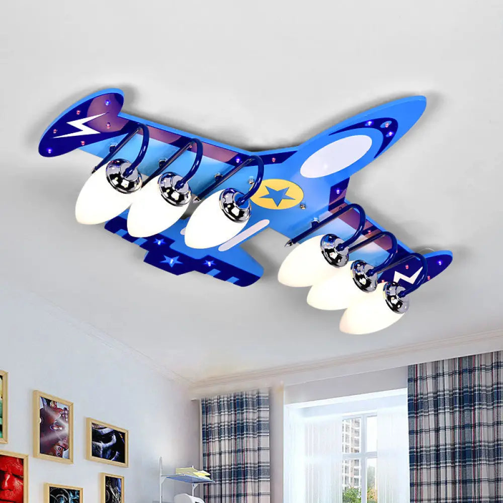 DecorBites™ Blue Wood Jet Ceiling Light Fixture with 6 Cartoon Bulbs - Perfect for Child's Room