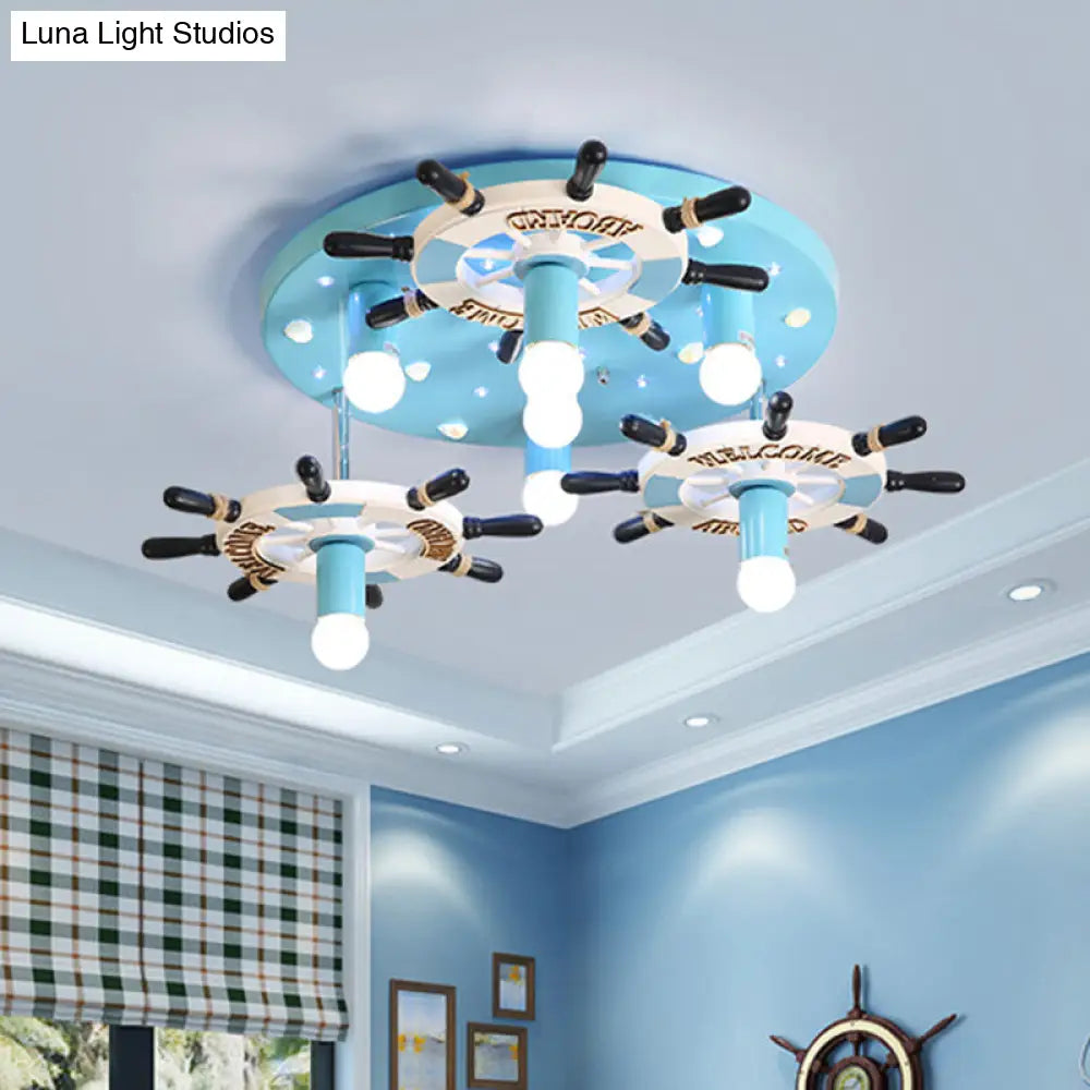 DecorBites™ DecorBites™ Lámpara de techo semiempotrada con forma de timón de madera azul - Estilo mediterráneo, 7 bombillas