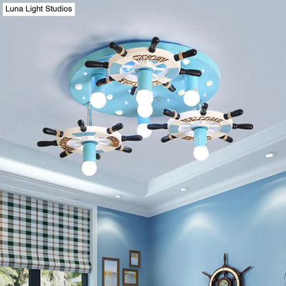DecorBites™ DecorBites™ Lámpara de techo semiempotrada con forma de timón de madera azul - Estilo mediterráneo, 7 bombillas
