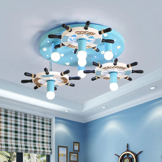 DecorBites™ DecorBites™ Lámpara de techo semiempotrada con forma de timón de madera azul - Estilo mediterráneo, 7 bombillas