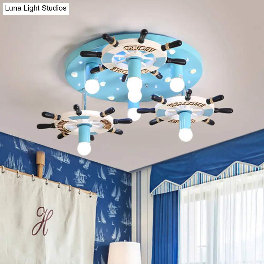 DecorBites™ DecorBites™ Lámpara de techo semiempotrada con forma de timón de madera azul - Estilo mediterráneo, 7 bombillas