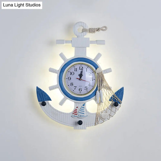 Blue Wooden Anchor LED Wall Lamp - Modern Kids Bedroom Clock Light Fixture, Wall Mounted