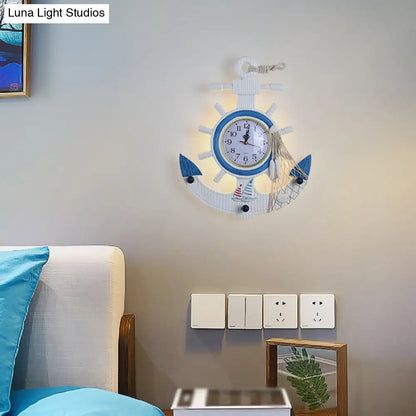 Lámpara de pared LED con ancla de madera azul - Lámpara de pared moderna con reloj para dormitorio infantil