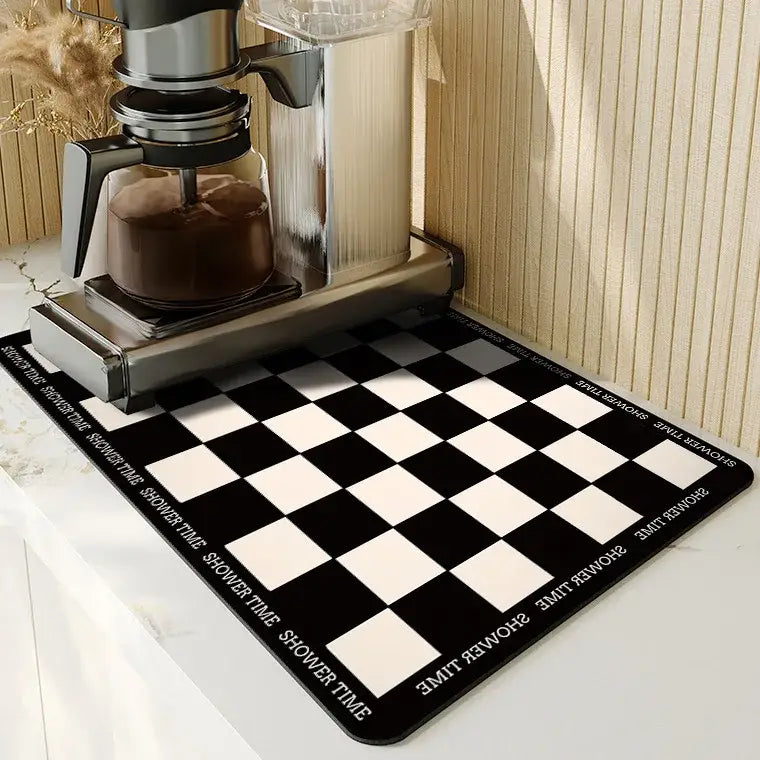 Black and white checkered dining table mat with shower time text edges for decorbites dining table kitchen decor