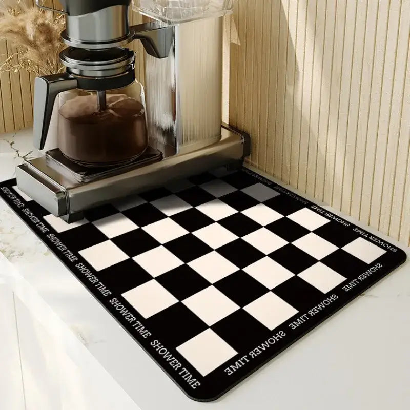 Black and white checkered dining table mat with shower time text edges for decorbites dining table decor