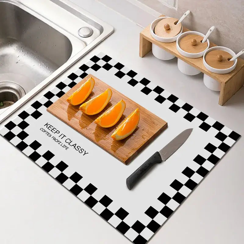 Black and white checkered kitchen mat with keep it classy text for decorbites dining table mat and kitchen decor