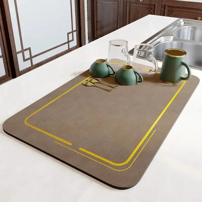 Brown rectangular dining table mat with yellow border and textured surface for decorbites dining table kitchen use