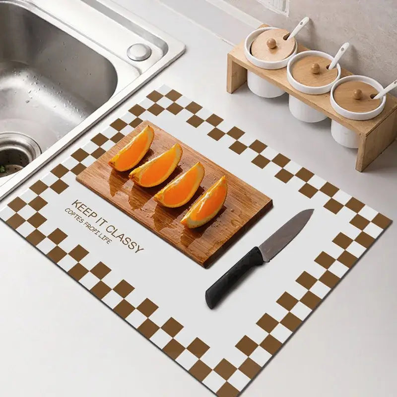 Brown and white checkered kitchen mat with keep it classy text for decorbites dining table mat and kitchen decor