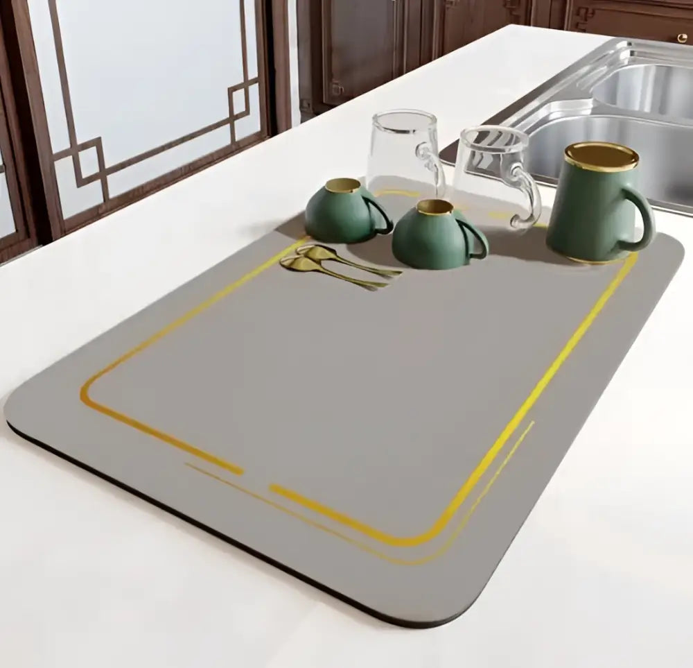 Gray rectangular silicone dish drying mat with yellow border from decorbites dining table mat set for dining table decor