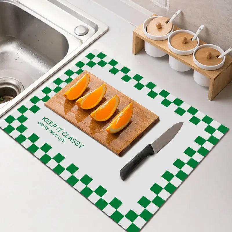Green and white checkered kitchen mat with keep it classy text as part of blue and yellow dining table mat set decorbites dining table decor