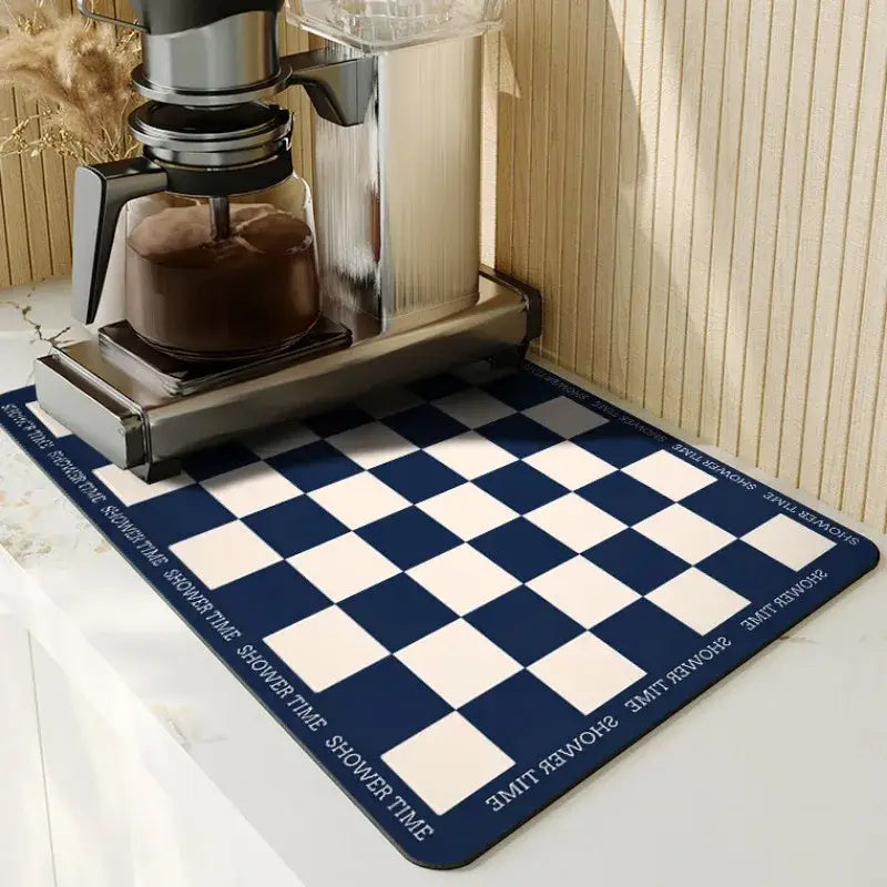 Blue and white checkered dining table mat with shower time text edges in decorbites dining table kitchen decor set