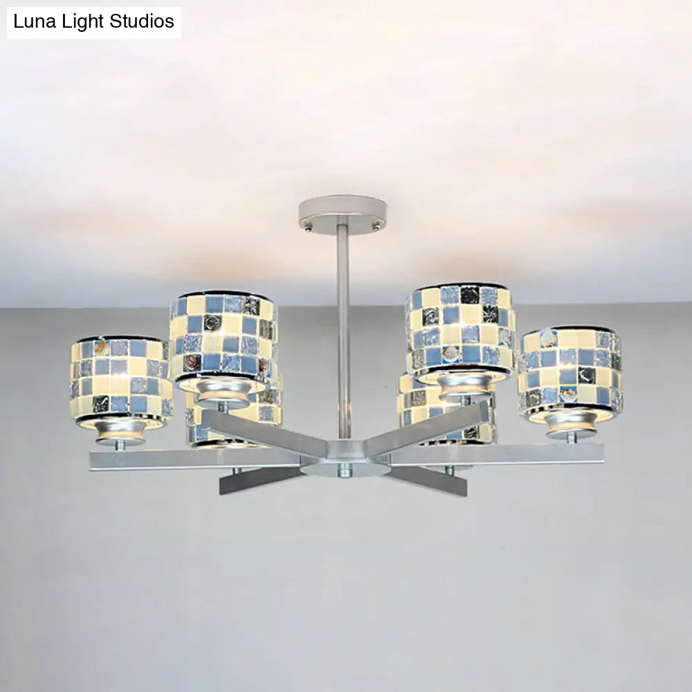 Blue/Yellow Glass Mosaic Ceiling Light with Chrome Finish - Modern 6-Light Hanging Chandelier