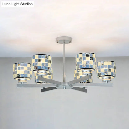 Blue/Yellow Glass Mosaic Ceiling Light with Chrome Finish - Modern 6-Light Hanging Chandelier