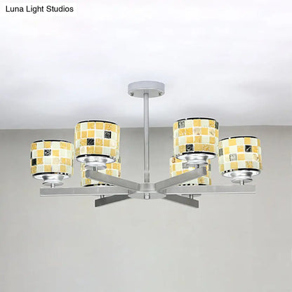 Blue/Yellow Glass Mosaic Ceiling Light with Chrome Finish - Modern 6-Light Hanging Chandelier