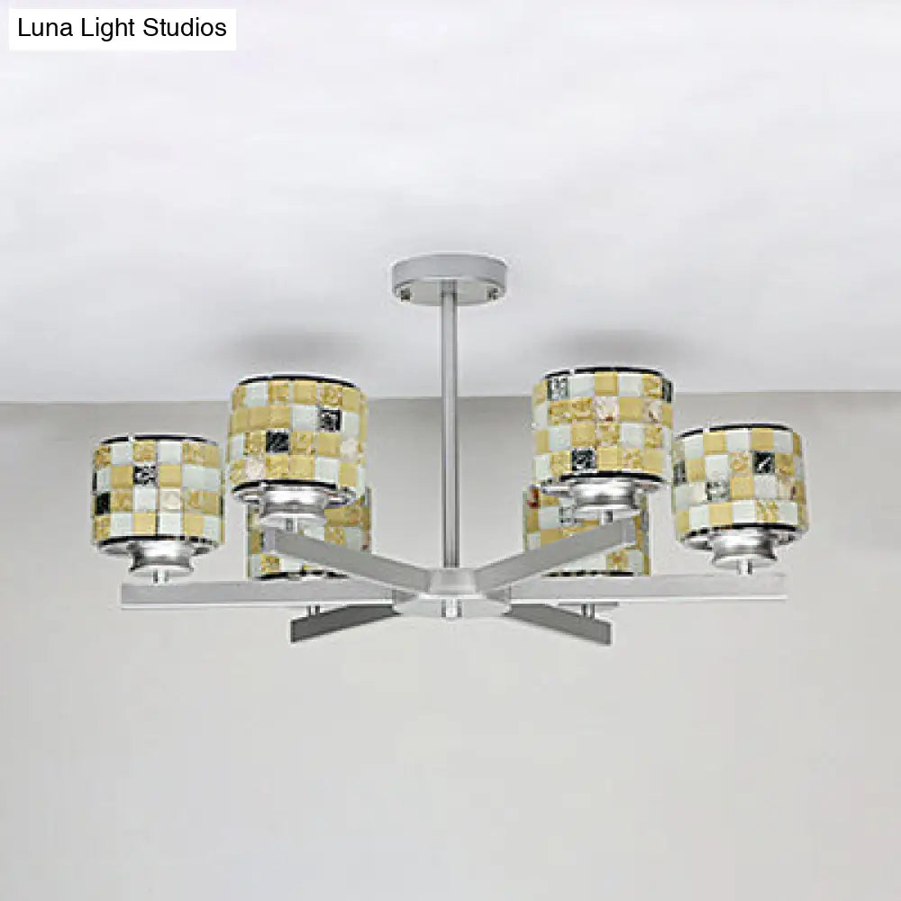 Blue/Yellow Glass Mosaic Ceiling Light with Chrome Finish - Modern 6-Light Hanging Chandelier
