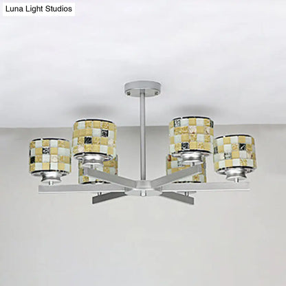 Blue/Yellow Glass Mosaic Ceiling Light with Chrome Finish - Modern 6-Light Hanging Chandelier