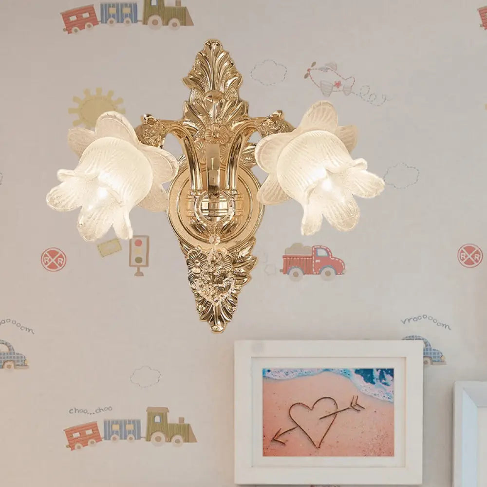 Bluebells Frosted Glass Wall Sconce in Gold for Traditional Family Room