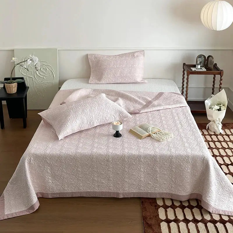 Soft blush pink decorbites cotton quilted bedspread set with textured woven fabric for bedroom decor