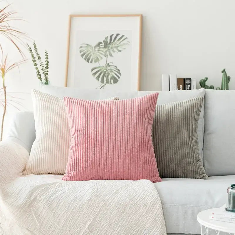 Blush pink pillow cover with vertical ribbed corduroy flocking texture for living room decor by decorbites corduroy flocking