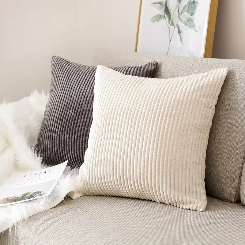 Cream-colored corduroy flocking throw pillow cover with vertical ribbed texture for living room decorbites decor
