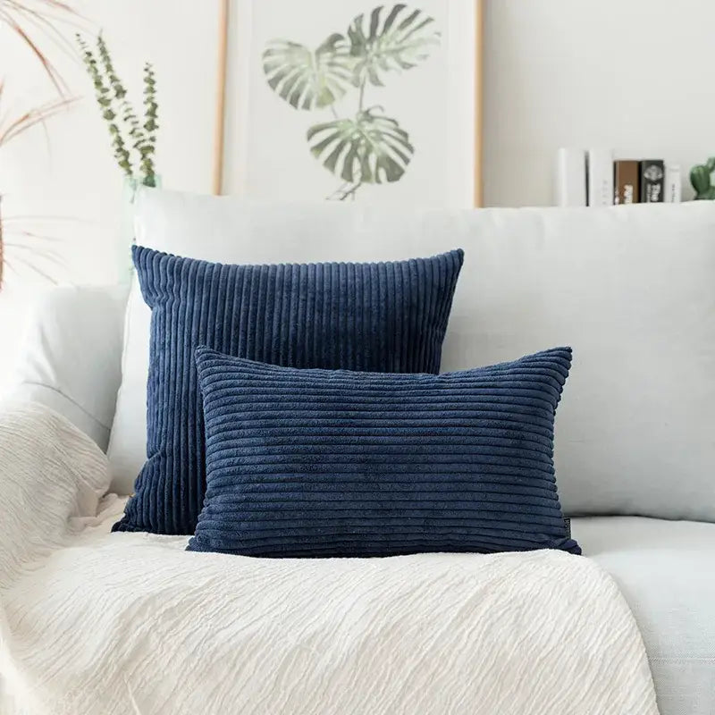 Deep navy corduroy flocking throw pillow cover with ribbed texture on white sofa for decorbites corduroy flocking decorbites corduroy flocking