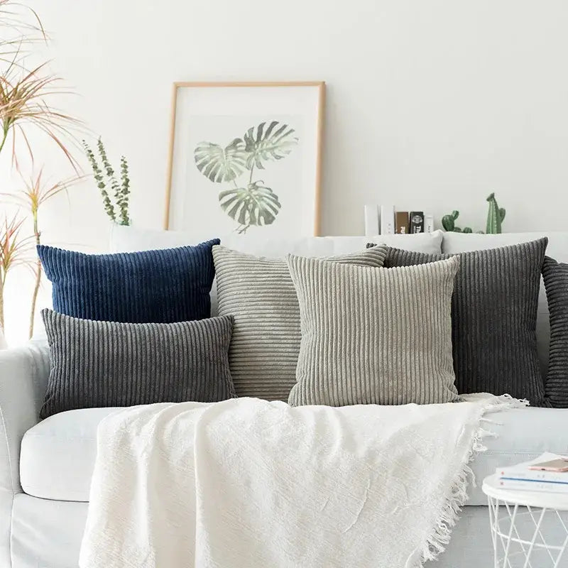 Set of navy gray and charcoal corduroy flocking throw pillow covers with ribbed texture for decorbites living room decor