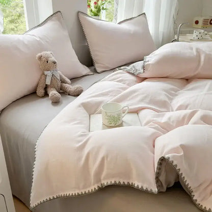 Soft blush pink bedding set with subtle gray zigzag decorbites cotton edge embroidery for bedroom decor